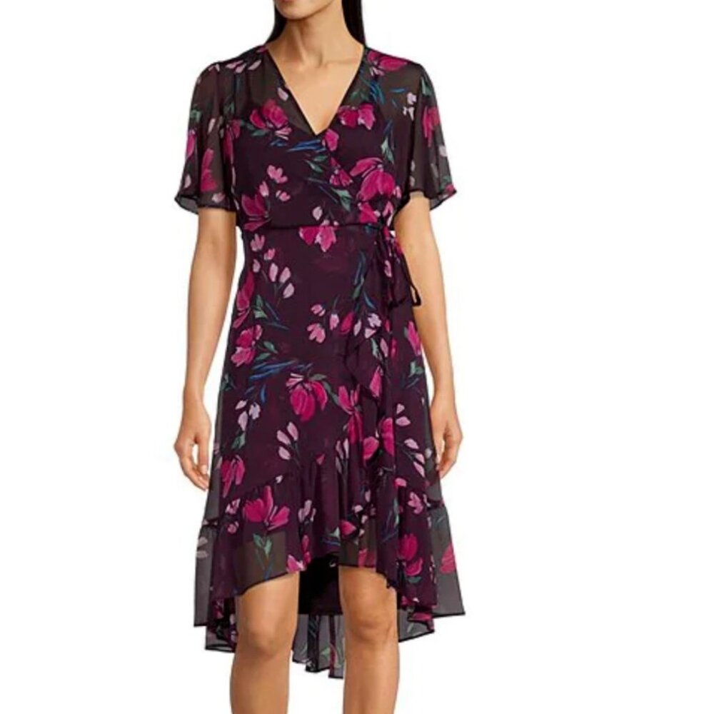 Calvin Klein Dress 8 Short Sleeve Plum Floral Flowy Midi Career Church NEW